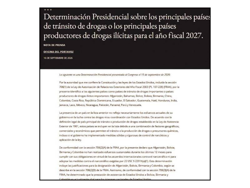 Comunicado oficial del Departamento de Estado de Estados Unidos.