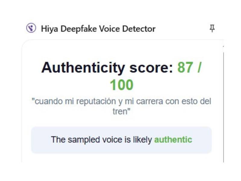 Captura de pantalla a los resultados de la herramienta Hiya sobre el análisis del audio.