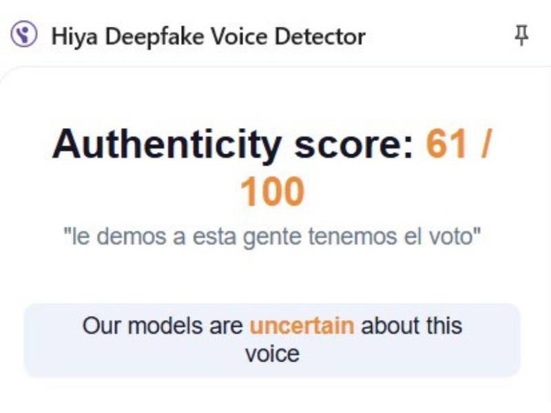 Captura de pantalla al resultado de Hiya sobre el análisis del audio.