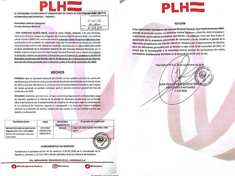 Solicitud de inscripción de Jorge Cálix como diputado propietario ante renuncia de Samuel García en Olancho.