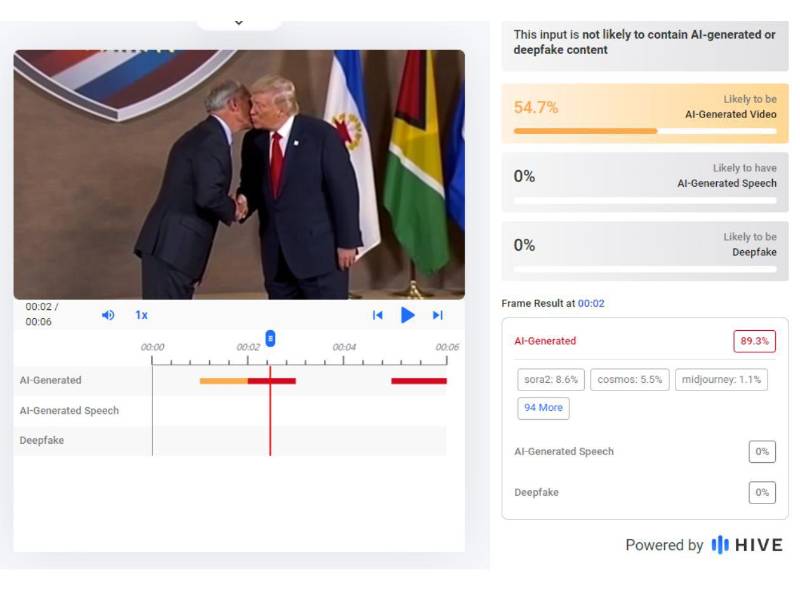 Captura de pantalla a los resultados de Hive Moderation sobre el análisis del video.