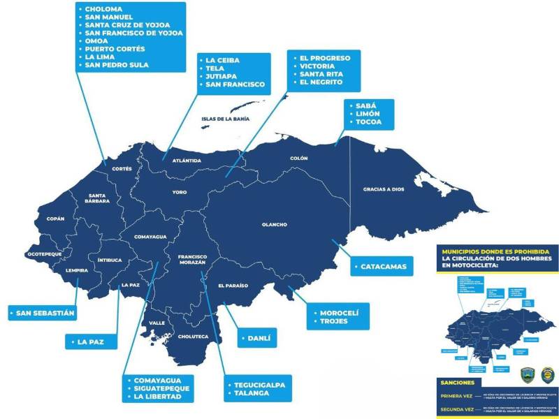 Mapa oficial de los departamentos y municipios donde sigue siendo prohibido que dos hombres viajen en la misma moto.