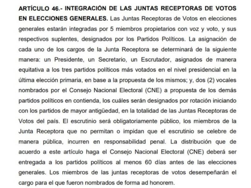 Captura de pantalla al artículo 46 de la Ley Electoral.