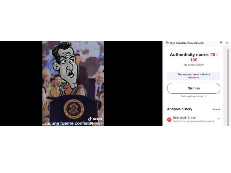 Captura de pantalla a los resultados Hiya Deepfake Voice Detector, hecha el 27 de febrero de 2025.