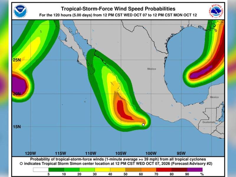 Imagen difundida por la Oficina Nacional de Administración Oceánica y Atmosférica (NOAA) de la tormenta tropical Simón (c) que se formó este miércoles en el Pacífico mexicano.