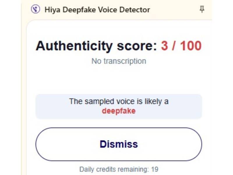Captura de pantalla a los resultados de la herramienta Hiya de voces falsas hecha el 09 de septiembre de 2025.