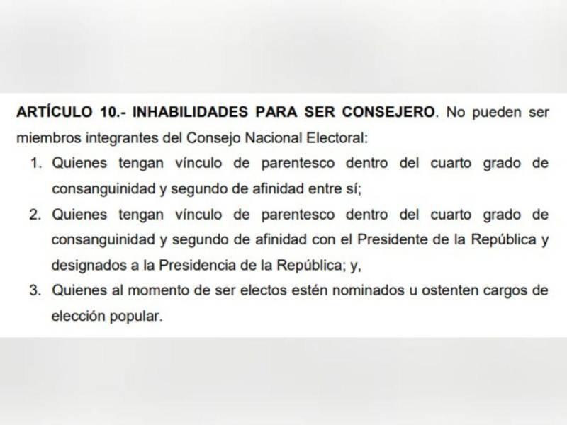 Captura de pantalla al artículo 10 de la Ley Electoral.