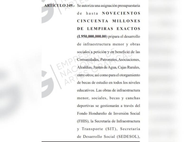 Captura de pantalla al artículo 349 de la Ley de Disposiciones del Presupuesto de la República.