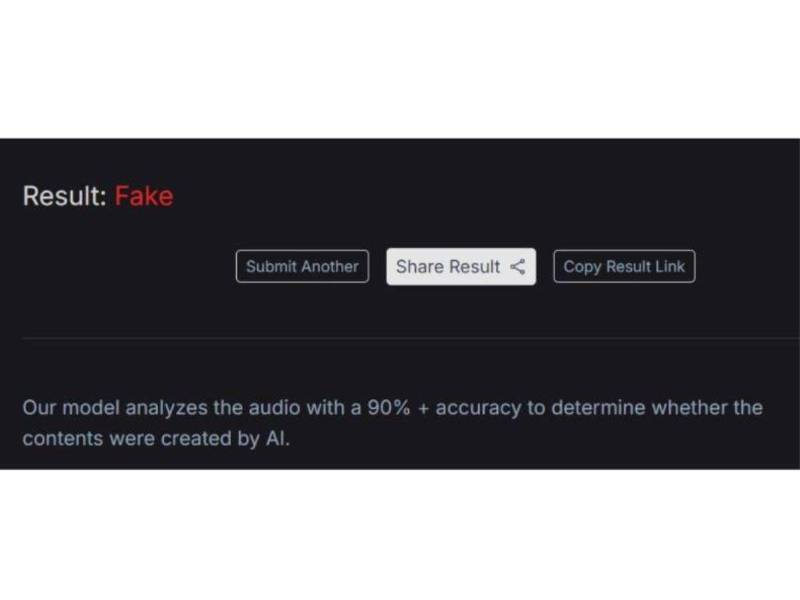 Captura de pantalla al resultado de Resemble Detect sobre el análisis del audio.