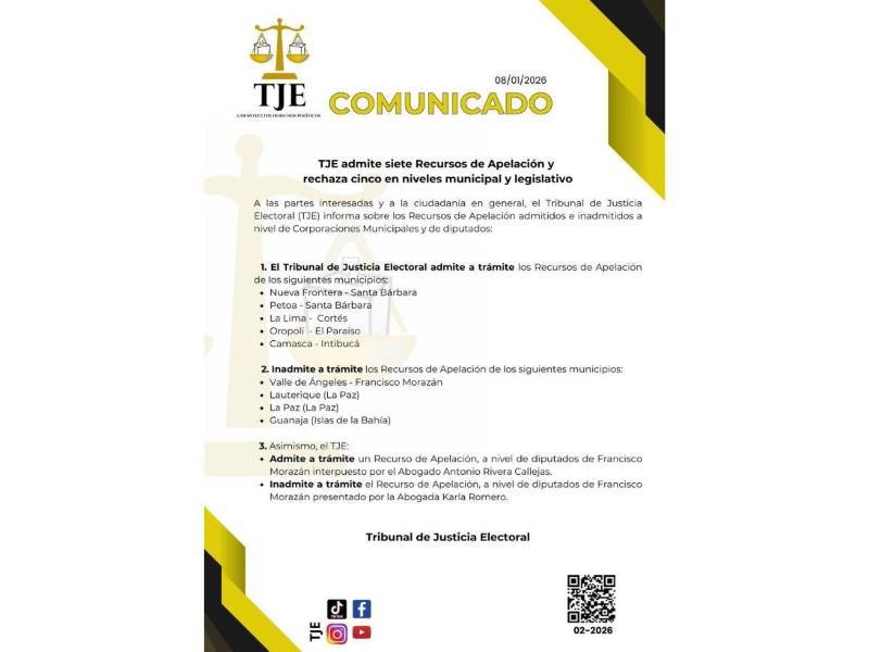 Comunicado oficial del Tribunal de Justicia Electoral (TJE).