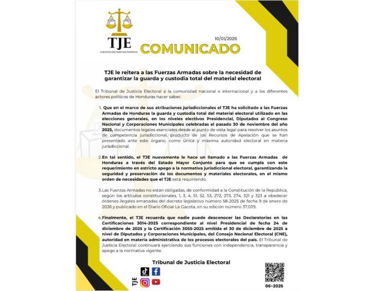 Comunicado oficial del Tribunal de Justicia Electoral (TJE).
