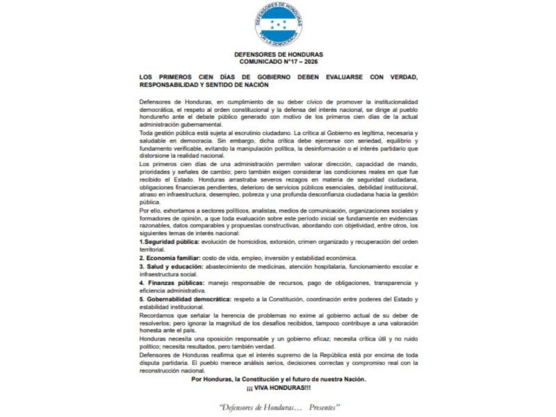 Comunicado oficial de la plataforma de Defensores de Honduras.