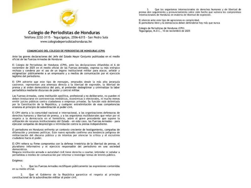 El CPH advirtió que este tipo de acciones generan un ambiente de hostigamiento hacia el periodismo independiente.