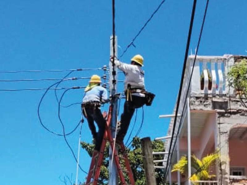 Personal de la Enee trabajando en el mantenimiento de una línea de media tensión.