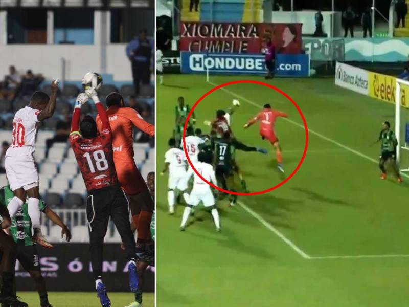 El momento de la mano de Edwin Solani Solano para el gol de Edrick Menjívar ante el Juticalpa.