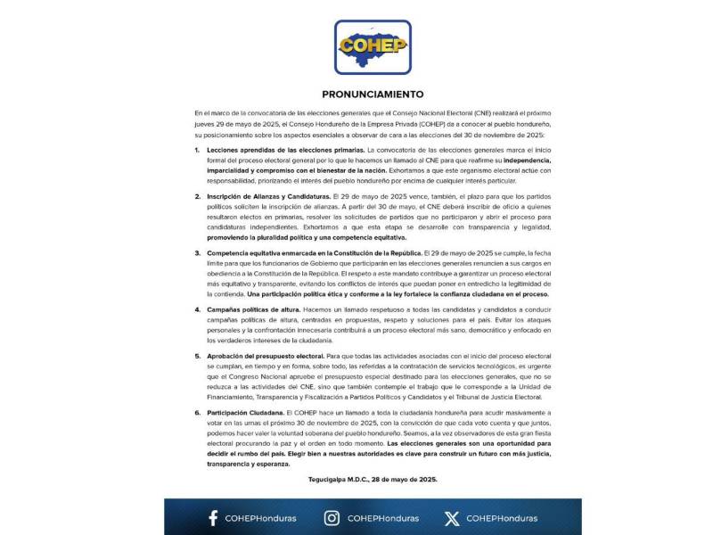 Comunicado oficial del Cohep.
