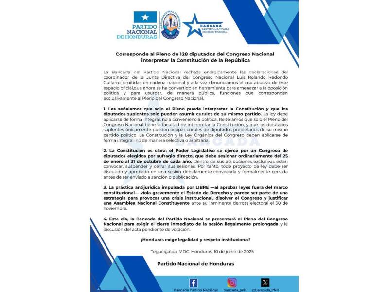 Comunicado oficial del Partido Nacional.