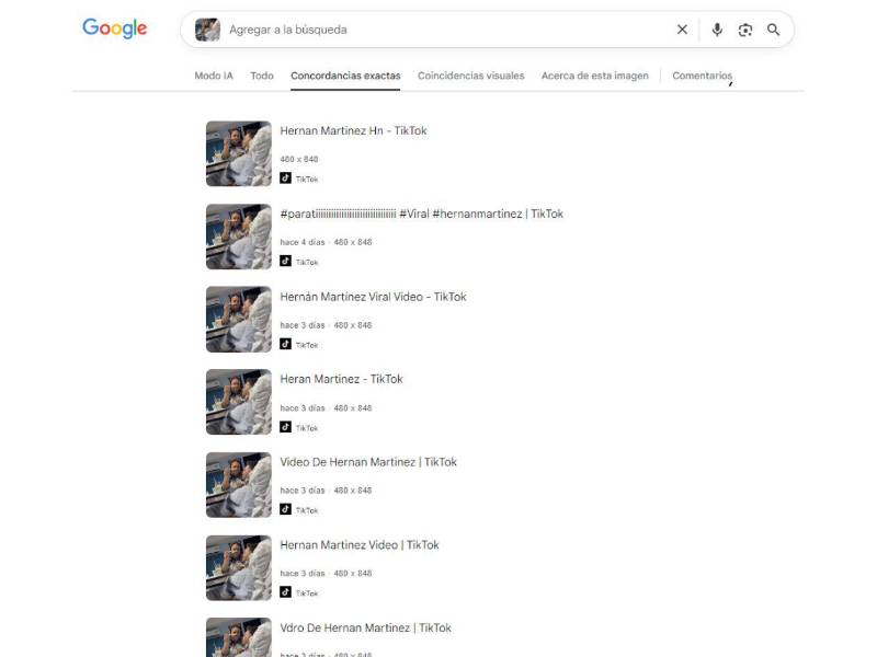 Captura de pantalla a la sección Concordancias exactas en Google.