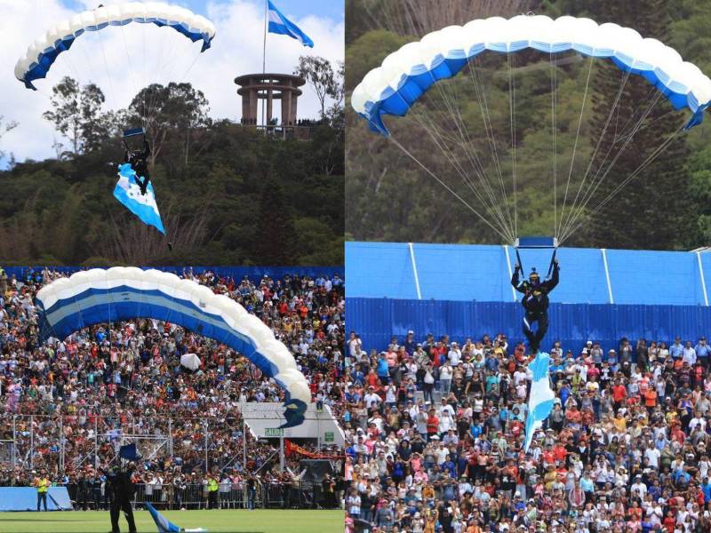 Los experimentados paracaidistas cayeron con precisión dentro del recinto del Estadio Nacional.