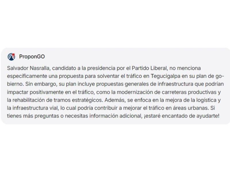 Captura de pantalla a la respuesta de ProponGo, herramienta de IA que responde sobre propuestas de campaña de los candidatos presidenciales en Honduras.
