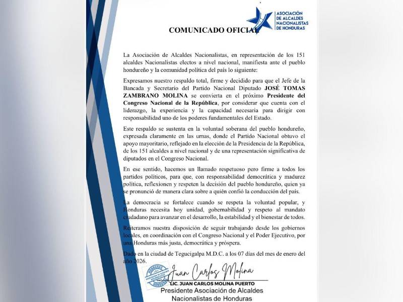 Comunicado emitido por la Asociación de Alcaldes Nacionalistas de Honduras.