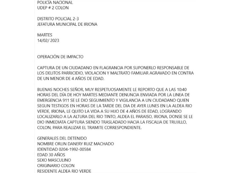 Captura de pantalla al reporte policial del crimen de 2023.
