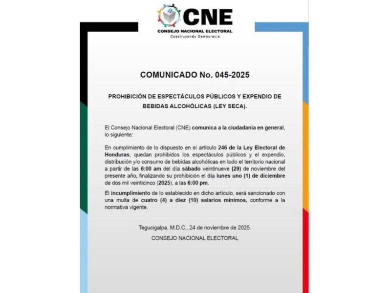 Comunicado oficial del Consejo Nacional Electoral (CNE).