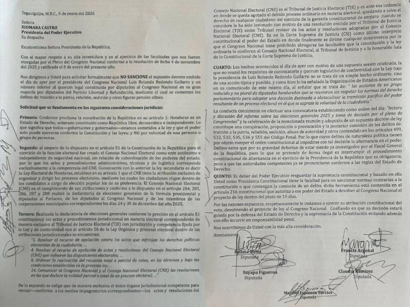 Copia de la carta formal a la presidenta de la República, Xiomara Castro.