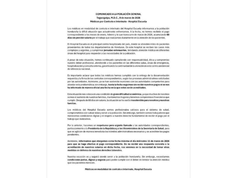 Comunicado oficial del personal médico del Hospital Escuela.
