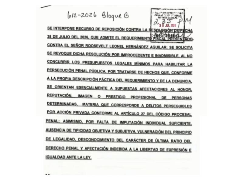 Recurso de reposición contra la resolución judicial que admitió el requerimiento fiscal interpuesto por el Ministerio Público (MP).