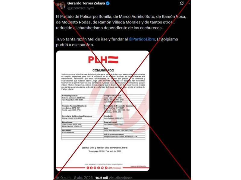 Captura de pantalla a una publicación de X hecha el 9 de abril de 2026.