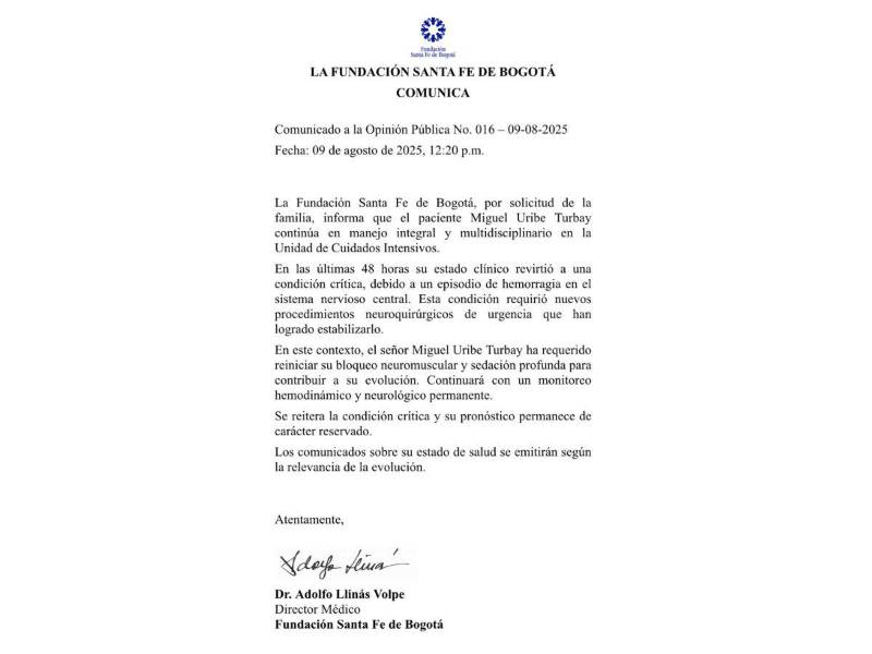 Comunicado para los medios de comunicación de la Fundación Santa Fe de Bogotá.