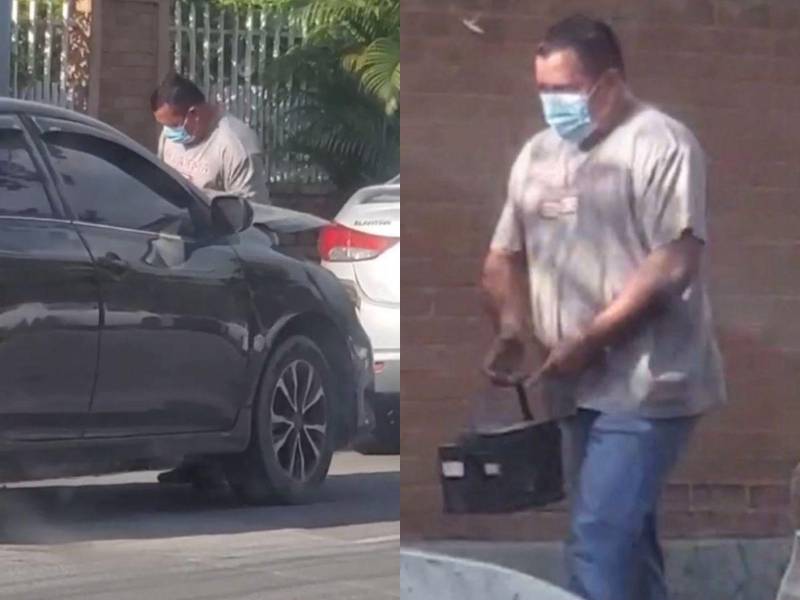 Capturas del video donde se ve al hombre sustraer la bateria al carro estacionado en la avenida circunvalación en San Pedro Sula.