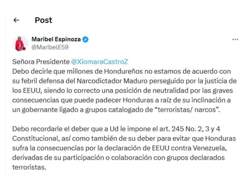 Publicación realizada por la diputada Maribel Espinoza.