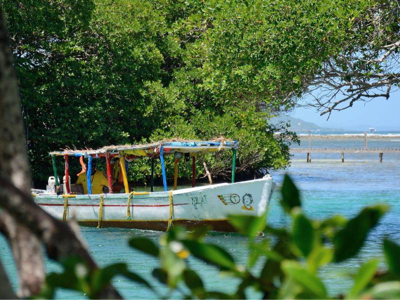 Un poblador de una comunidad garífuna navega en su bote por la costa norte de Honduras.