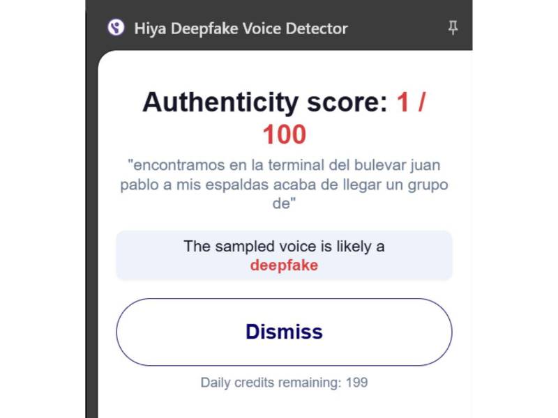 Captura de pantalla a los resultados de Hiya Deepfake Voice Dectector sobre el análisis del video.