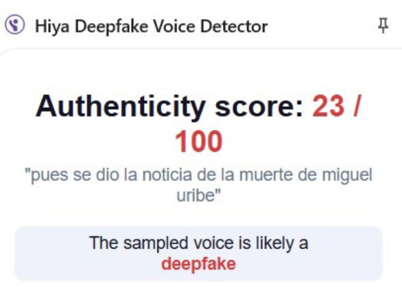 Captura de pantalla a los resultados de Hiya sobre el análisis del audio.