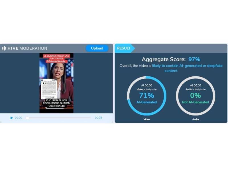 Captura de pantalla a los resultados de Hive Moderation sobre el análisis del video.