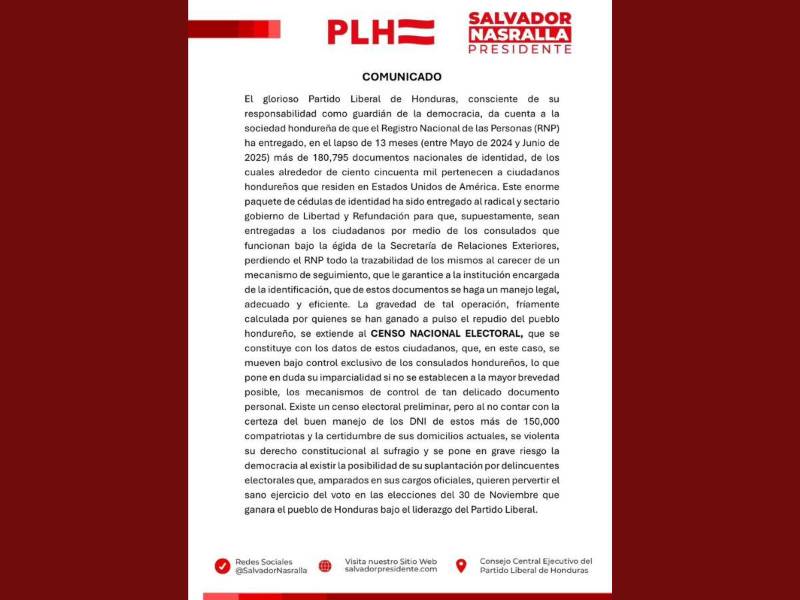 Comunicado oficial del Partido Liberal.