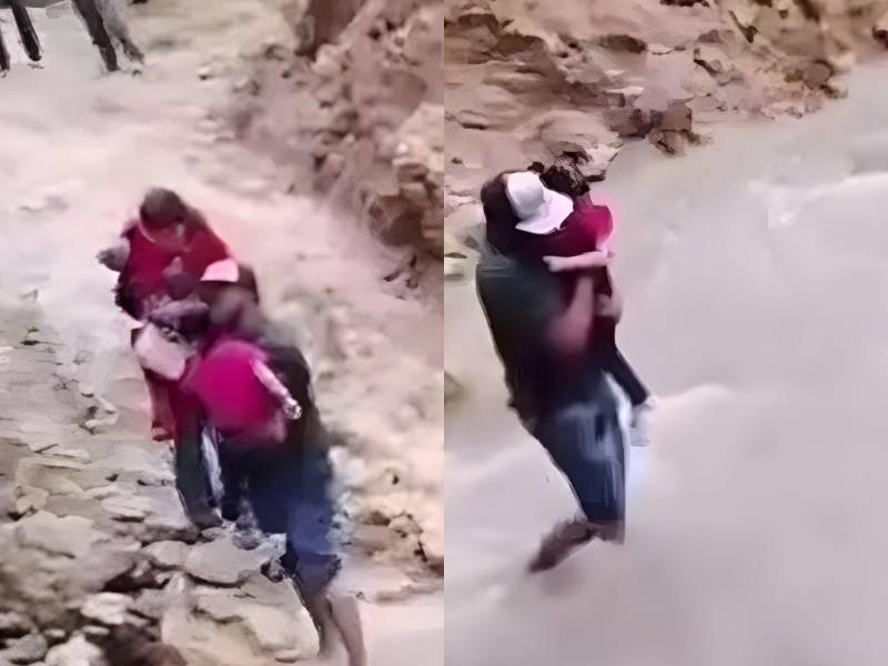 Un video difundido en redes sociales muestra el desesperado intento: el padre cruzando el río con la pequeña en brazos, mientras la madre, descalza y con algunas pertenencias, lo sigue entre la fuerte corriente.
