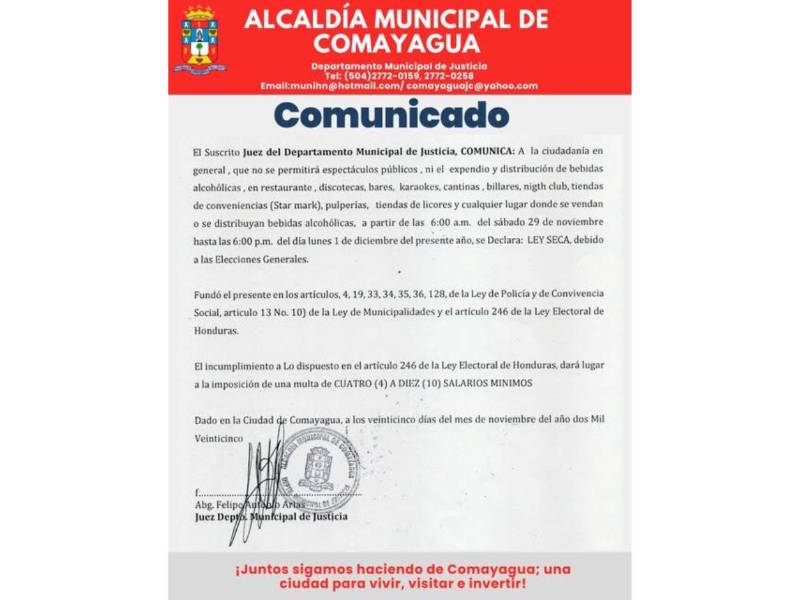 Documento oficial de la alcaldía municipal de Comayagua.