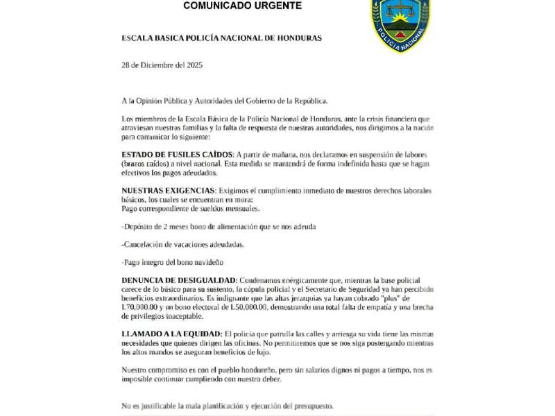 Comunicado oficial La Escala Básica de la Policía Nacional.