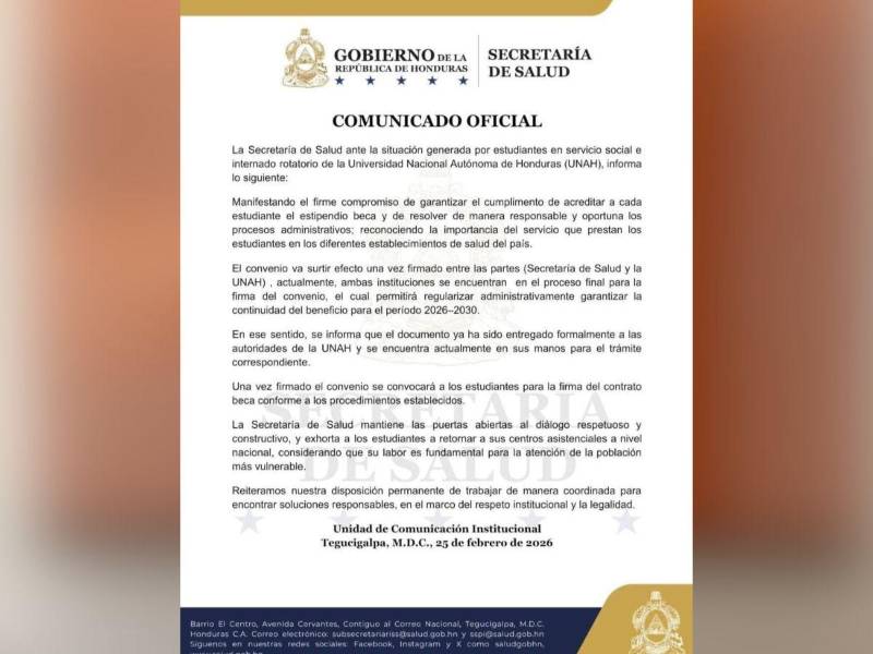 Comunicado oficial de la Secretaría de Salud.