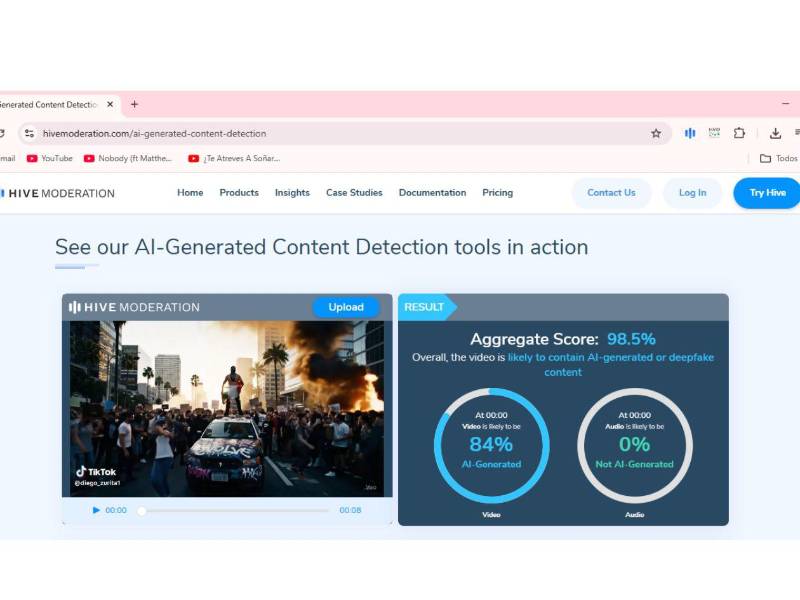 Captura de pantalla a los resultados de Hive Moderation hecha el 11 de junio de 2025.