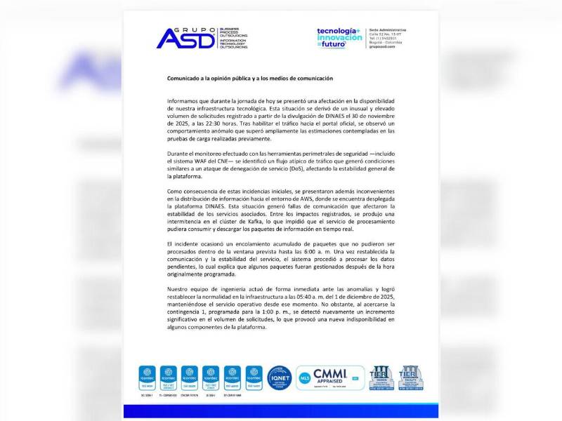 Comunicado emitido por la empresa encargada del sistema de Transmisión de Resultados Preliminares (Trep)