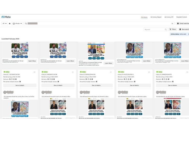 Captura de pantalla a la herramienta Facebook Ads Library de la página fraudulenta en Facebook.