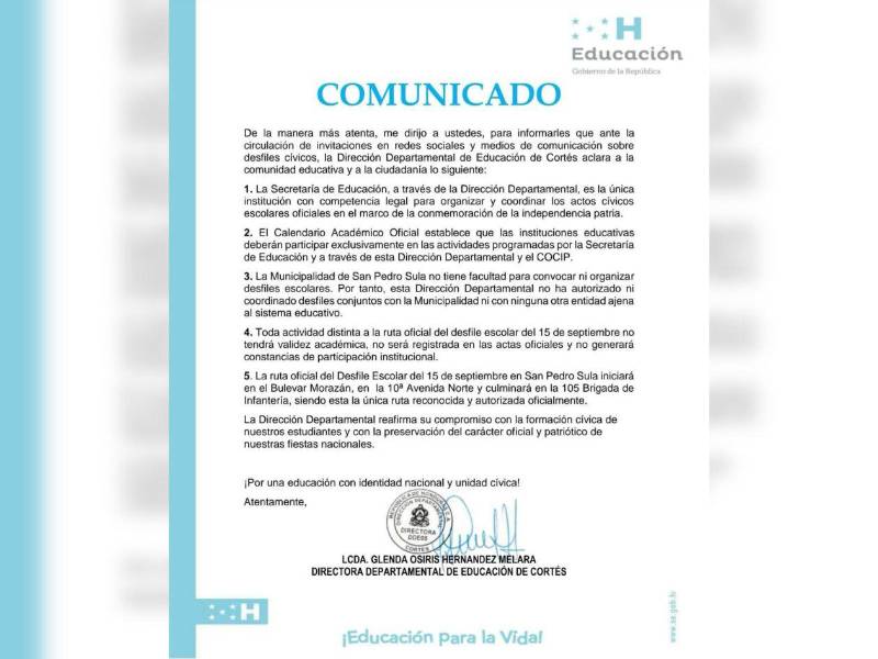 El comunicado de la Departamental de Educación de Cortés.