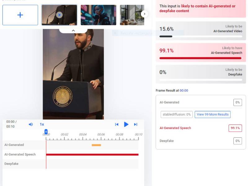 Captura de pantalla a los resultados de Hive Moderation sobre el análisis del video.