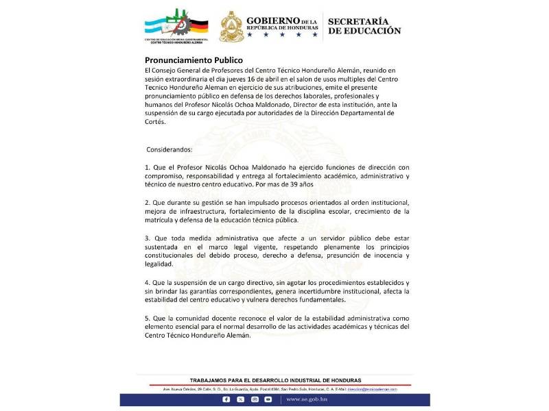 Pronunciamiento del Consejo General de Profesores del CTHA.