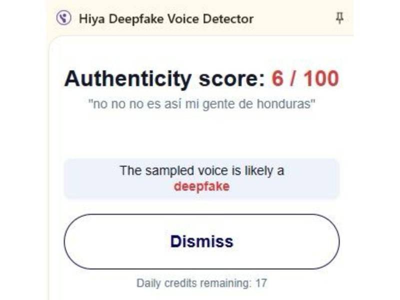 Captura de pantalla a los resultados de Hiya Deepfake Voice Dectector sobre el análisis del audio.